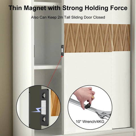 Ultra Thin Magnetic Cabinet Catch 8 Pack Stick On Drawer Magnets holding sliding cabinet door, strong hold demonstration.