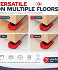 One Person Move Kit With Heavy Duty Appliance Lifter And Wheeled Furniture Sliders showing versatility on hardwood, laminate, tile, carpet.