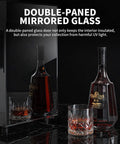 48L Electric Cigar Humidor Cabinet with mirrored glass door and bottles on display, showing cooling and heating temperature control feature.