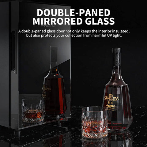48L Electric Cigar Humidor Cabinet with mirrored glass door and bottles on display, showing cooling and heating temperature control feature.