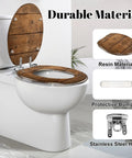 Elongated Overhead view brown wooden table Toilet Seat on a white toilet with stainless steel hinges and protective bumpers.