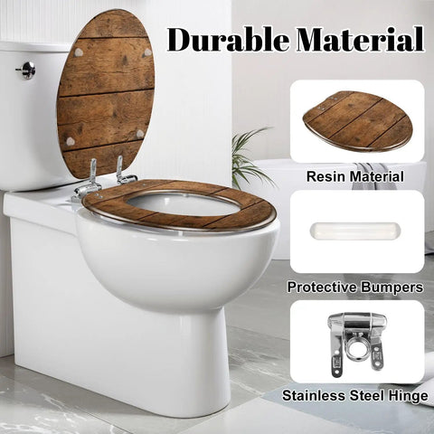 Elongated Overhead view brown wooden table Toilet Seat on a white toilet with stainless steel hinges and protective bumpers.