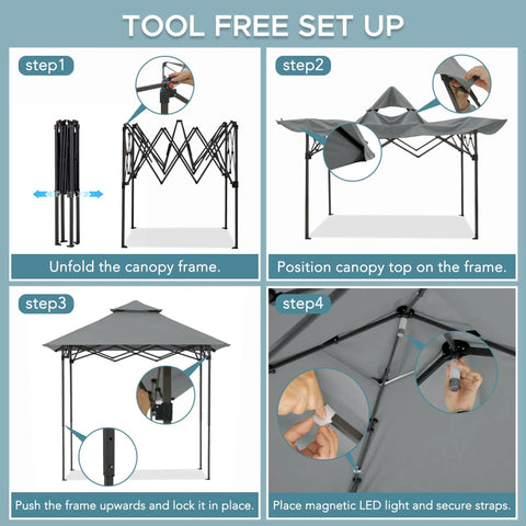 Setup steps for 8 By 5 Foot Pop Up Grill Gazebo With Double Tier Standing Height Canopy Magnetic LED Light Adjustable Ceiling Height No Tool Needed Setup In Minutes For Barbecues Picnics And Outdoor Events Gray
