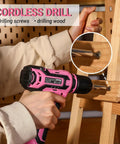 Using Pink Cordless Drill Set for Women 12V Electric Drill Driver Kit with 1.5Ah Li Ion Battery on wood project