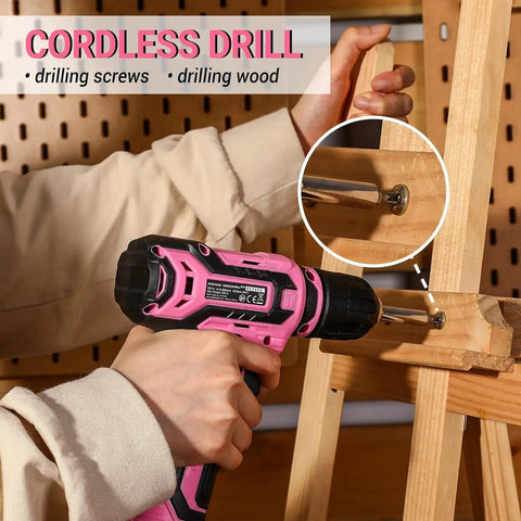 Using Pink Cordless Drill Set for Women 12V Electric Drill Driver Kit with 1.5Ah Li Ion Battery on wood project
