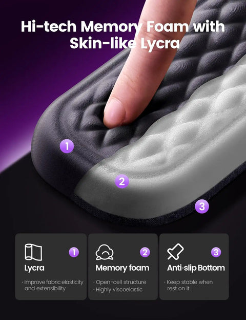 Ergonomic Wrist Rest For Keyboard And Mouse, Memory Foam Arm Cushion With Soft Lycra Cover, cushioned surface close-up with hand