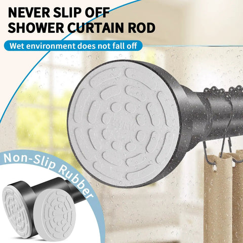 Close-up of the non-slip rubber end of a Black Adjustable Shower Curtain Rod 36 To 84 Inches Stainless Steel Non Rust Spring Tension No Drilling Non Slip Durable Waterproof Finish Easy Install For Bathroom And Window.