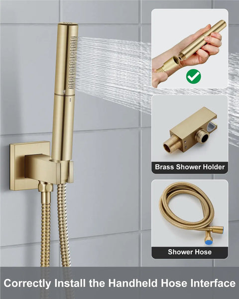 Big Splash 12 Inch Brushed Gold Shower System With Square Rainfall Head And Handy Handheld Sprayer Delivering Killer High Pressure Water Flow Even In Weak Lines Because It Just Hits Different