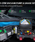 Heavy Duty One Third Hp Hvac Vacuum Pump And Four Way Ac Manifold Gauge Kit With Digital Leak Detector For R134a R410a Auto Ac Service That Gets The Job Done No Sweat with pump and gauge set.
