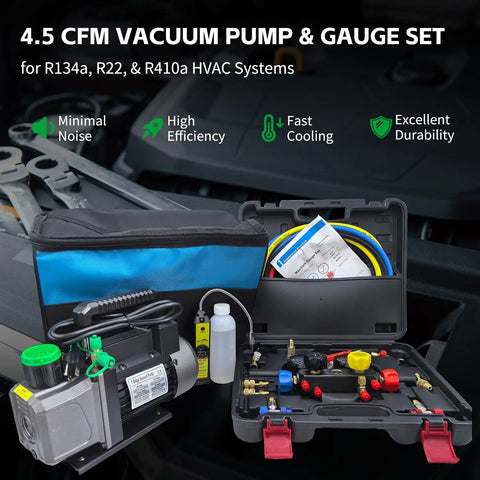 Heavy Duty One Third Hp Hvac Vacuum Pump And Four Way Ac Manifold Gauge Kit With Digital Leak Detector For R134a R410a Auto Ac Service That Gets The Job Done No Sweat with pump and gauge set.