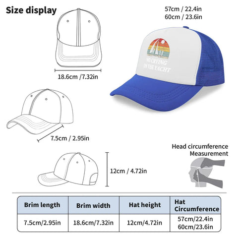 Size guide for vintage womens golf trucker hat in royal blue with washed distressed low profile look anti sweat band.