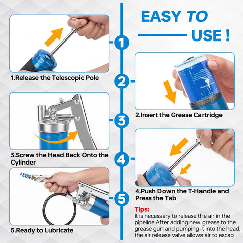 Setup instructions for Heavy Duty 8000 PSI Lever Grease Gun Kit with 0.53 inch coupler and 90 degree adapter, step-by-step guide
