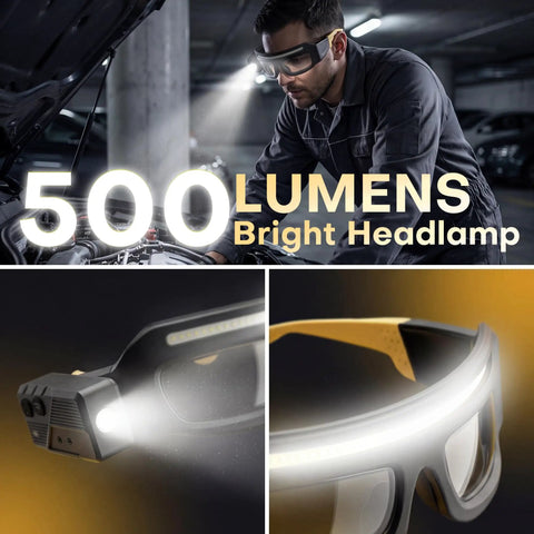 Kickass HandsFree Rechargeable Led Glasses Headlamp Featuring Motion Sensor And Tap Touch Switch Ipx4 Wet Weather Ready For Tactical Camping And Night Riding Gear, 500 lumens, man working on a car.