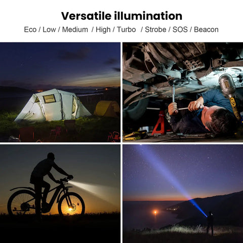 Beastly Bright 3800 Lumen Tactical Flashlight With Dual Switch lighting a campsite, mechanic, biker, and hiker.