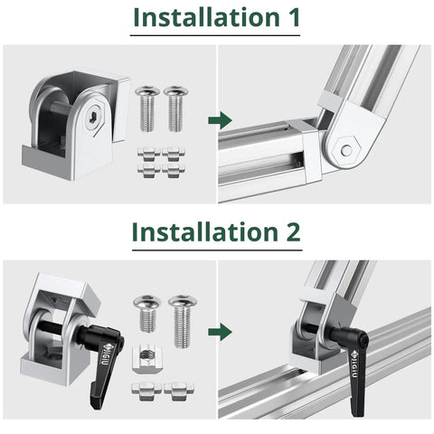 Installation of 2 Pcs Die Cast Zinc Alloy Pivot Joint Connectors For 3030 Aluminum Extrusion Profiles 180 Degree Adjustable Corner Brackets With Lever And Mounting Accessories