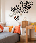 72 Piece Acrylic Circle Mirror Wall Stickers Set In Silver Black And Gold Removable Round Wall Decor Decals above bed in bedroom