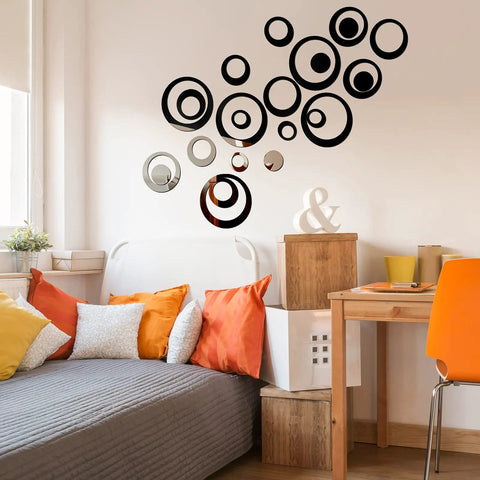 72 Piece Acrylic Circle Mirror Wall Stickers Set In Silver Black And Gold Removable Round Wall Decor Decals above bed in bedroom