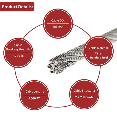 1000Ft One Eighth Inch T316 Stainless Steel Cable For Deck Railing And Balustrade, Seven By Seven Aircraft Wire Rope, product details