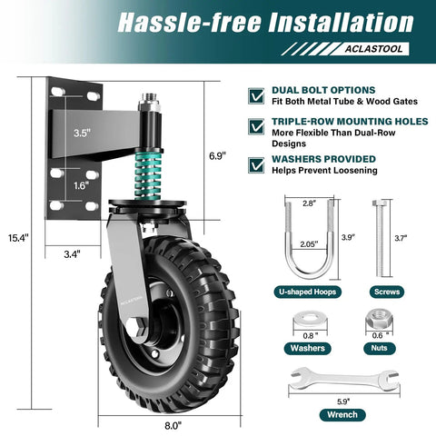 Heavy Duty Eight Inch Spring Loaded Gate Wheel Caster with detailed installation instructions and components diagram.