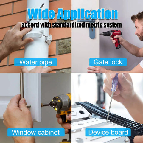 Various uses of Huge 900 Piece Stainless Steel Nuts And Bolts Set With Metric M3 M4 M5 M6 for water pipe, gate lock, window cabinet, device board.