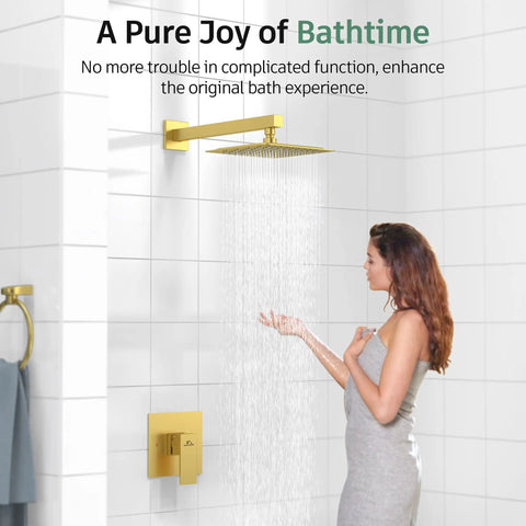 Brushed Gold Three Way Shower Set With Valve 8 Inch Square Shower Head Single Handle Trim Kit Extra Long 16 Inch Shower Arm No Fuss DIY Install Modern Square Design Spa Like Water Flow For Your Shower Upgrade in use in a modern bathroom.