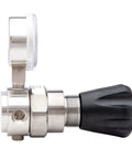 Side view of stainless steel gas regulator with black adjustment knob and gauge, 0-250 PSIG