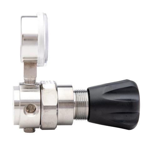 Side view of stainless steel gas regulator with black adjustment knob and gauge, 0-250 PSIG