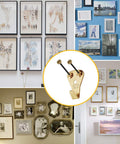 Heavy Duty 125 Piece Picture Hanging Kit With Tough Nails And Wall Anchors For Drywall And Wood Surfaces Handles Big Canvas Loads Like A Champ Every Single Time, showcasing various framed artworks on walls.