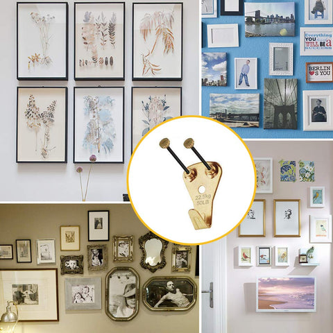 Heavy Duty 125 Piece Picture Hanging Kit With Tough Nails And Wall Anchors For Drywall And Wood Surfaces Handles Big Canvas Loads Like A Champ Every Single Time, showcasing various framed artworks on walls.