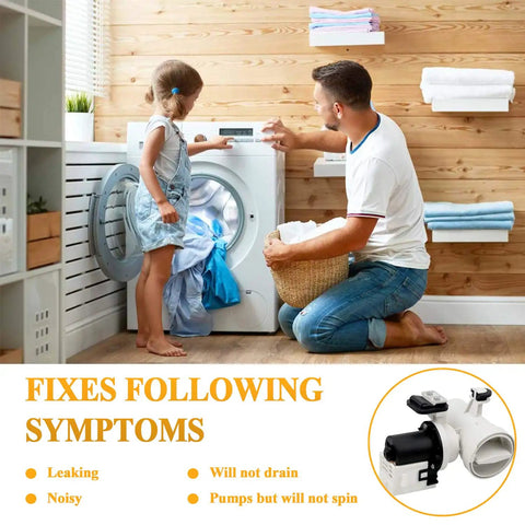 Washer Drain Pump Assembly For Front Load Machines - Exact Replacement For Duet 2000 3000 4000 Series And He2t Plus, Includes W10130913 And W10130913-B, Replaces 8540024, OEM Style Pump And Motor Assembly, image of father and child in front of washing machine with symptom fixes list.