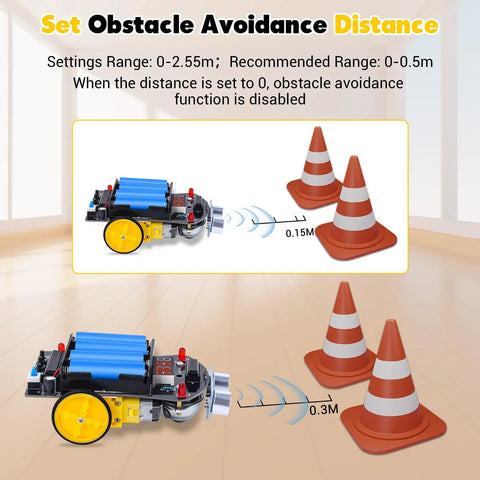 Ultrasonic Obstacle Avoiding DIY Car Kit For Teens And Newbies demonstrating distance detection with cones.