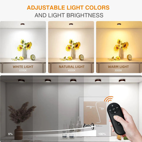 Adjustable light colors from Rechargeable Wireless Puck Lights With Remote Control displayed with sunflowers and remote.