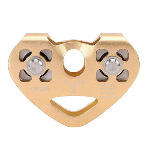 Zip Line Pulley Kit 30kN Tandem Speed Dual Trolley with aluminum alloy housing and stainless steel bearings, front view.
