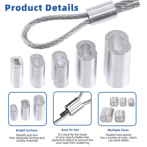 Beefy Heavy Duty Stainless Steel Wire Rope Clip Clamp Kit with aluminum crimping loop sleeves multiple sizes detail view.