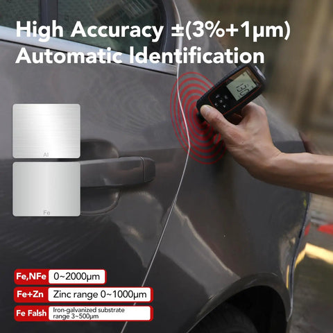 Paint Thickness Gauge For Cars With Pro Grade Precision Mil Readouts, Iron Aluminum Zinc Car Body Filler Tester For Used Car Buyers And Auto Shops, Rotating Screen Display And Continuous Measurement in use on a car door.