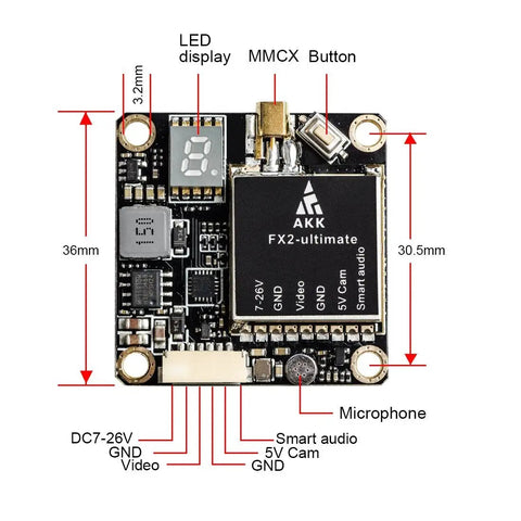 5.8GHz FPV VTX With MMCX Support, labeled ports, showing Betaflight OSD Config and power inputs for FPV racing drones