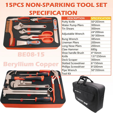 Non Sparking 15 Piece Tool Set With Beryllium Copper Tools In A Handy Toolbox including adjustable wrenches and screwdrivers