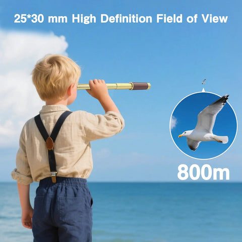 Old School Retro Pirate Spyglass 25x30 Portable Collapsible Telescope Handheld Monocular With Compass Vintage Style For Camping Hunting Boating Gifts And Outdoor Adventure, boy using brass spyglass by the sea