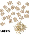 Mini Brass Hinges Set, 50 Pack For Small Craft Doors And Boxes shown with screws