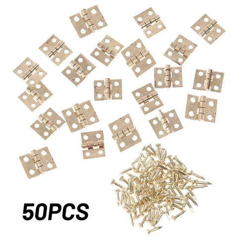 Mini Brass Hinges Set, 50 Pack For Small Craft Doors And Boxes shown with screws