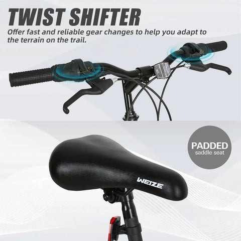 Handlebars and padded saddle of 27.5 Inch Mountain Bike For Adults With Dual Suspension And 18 Speeds, Trail-Ready All Terrain MTB