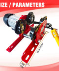 Heavy Duty Electric Trolley For Power Hoist 2200LBS Capacity Fits Two Point Six Eight Inch I Beam Push Geared Overhead Crane Wheel System For PA200 To PA1000 Hoists Great For Gantry Cranes And Warehouses front view showing size parameters