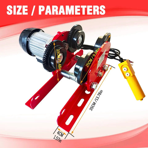 Heavy Duty Electric Trolley For Power Hoist 2200LBS Capacity Fits Two Point Six Eight Inch I Beam Push Geared Overhead Crane Wheel System For PA200 To PA1000 Hoists Great For Gantry Cranes And Warehouses front view showing size parameters