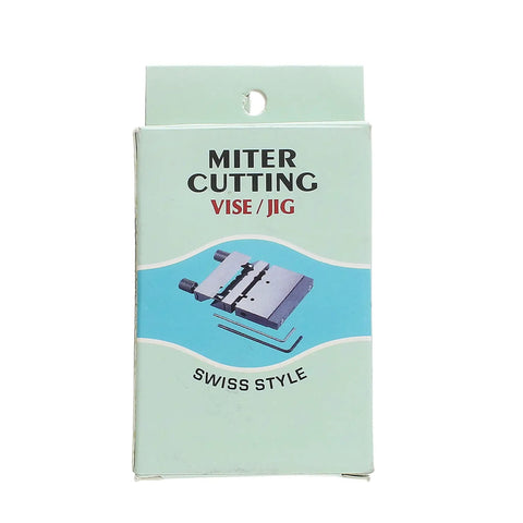 Swiss Style Miter Cutting Vise Jig For Metalworking packaging showing the solid steel jig for precise 45 and 90 degree angle cuts.