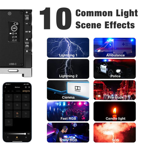 10 lighting effects of G1s RGB Video Light With App Control, including lightning, ambulance, and candle light modes.