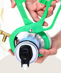 Close-up of All In One Side Mount Can Tap Valve Gear For R134A And R12 with brass adapter and green handle.