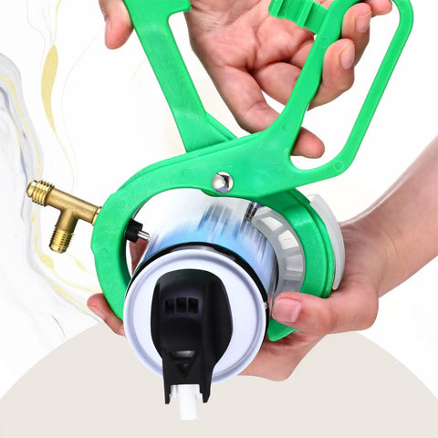 Close-up of All In One Side Mount Can Tap Valve Gear For R134A And R12 with brass adapter and green handle.