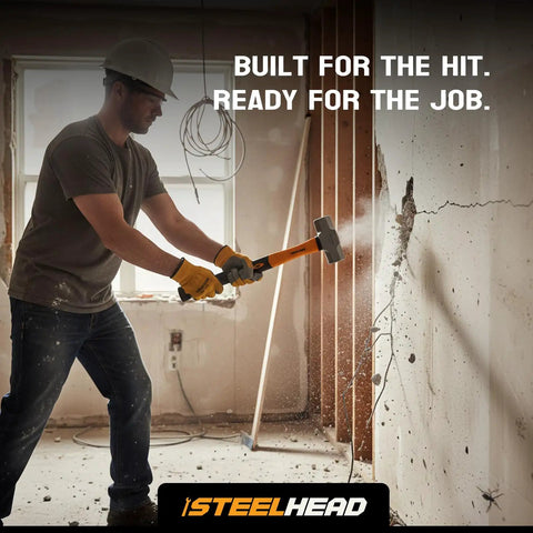 Person using Five Piece Fiberglass Handle Hammer And Mallet Set for demolition, showing 3lb sledge with ergonomic Duragrip handle.