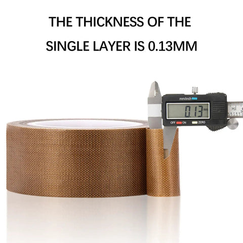 Nonstick PTFE Glass Cloth Tape Five Mil Thick Three Quarters Inch Wide Thirty Three Yards with digital caliper showing 0.13mm thickness.