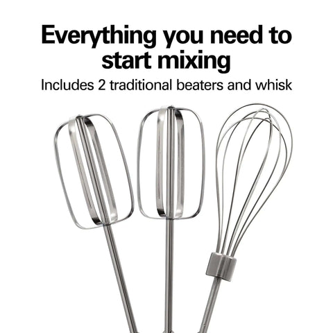 Two traditional beaters and a whisk for the Slick Electric Hand Mixer Packing Six Speeds Plus A Dedicated Stir Button.